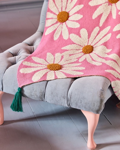 Pink Cotton Knitted Blanket With Embossed Flowers By Rice