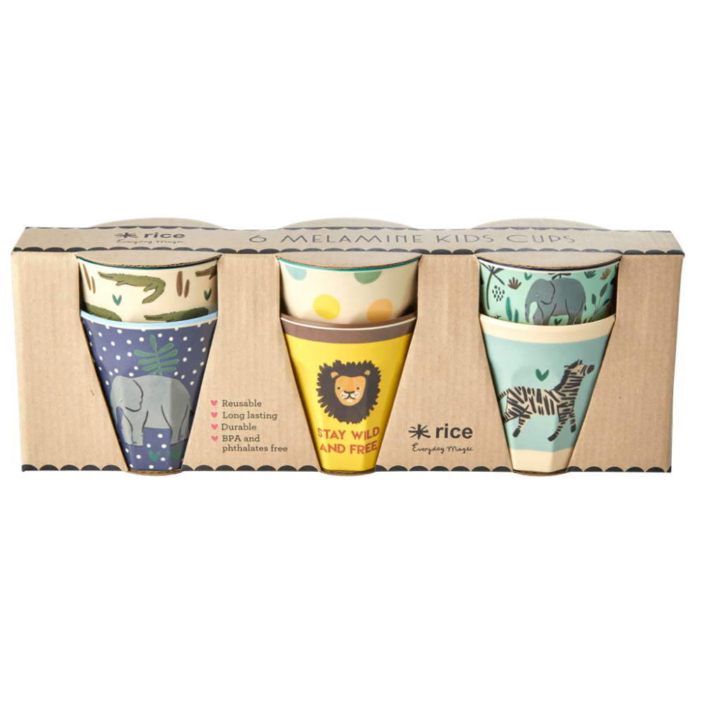 Set of 6 Small Kids Melamine Cups Blue Jungle Print Rice DK - Vibrant Home