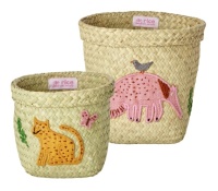 Set of 2 Round Raffia Baskets Anteater & Leopard Embroidery By Rice