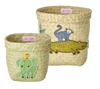 Set of 2 Round Raffia Baskets Crocodile & Elephant Embroidery By Rice